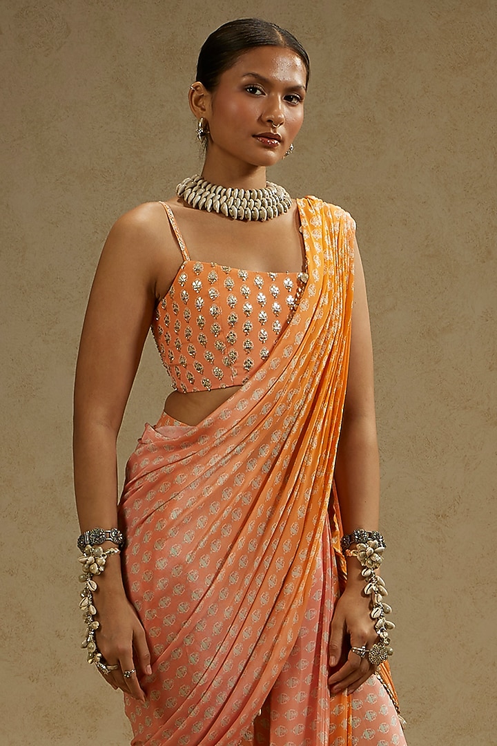 Orange & Pink Crepe Printed Cascade Ombre Wedding Saree Set by SVA BY SONAM & PARAS MODI at Pernia's Pop Up Shop