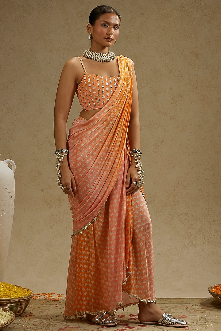 Orange & Pink Crepe Printed Cascade Ombre Wedding Saree Set by SVA BY SONAM & PARAS MODI at Pernia's Pop Up Shop