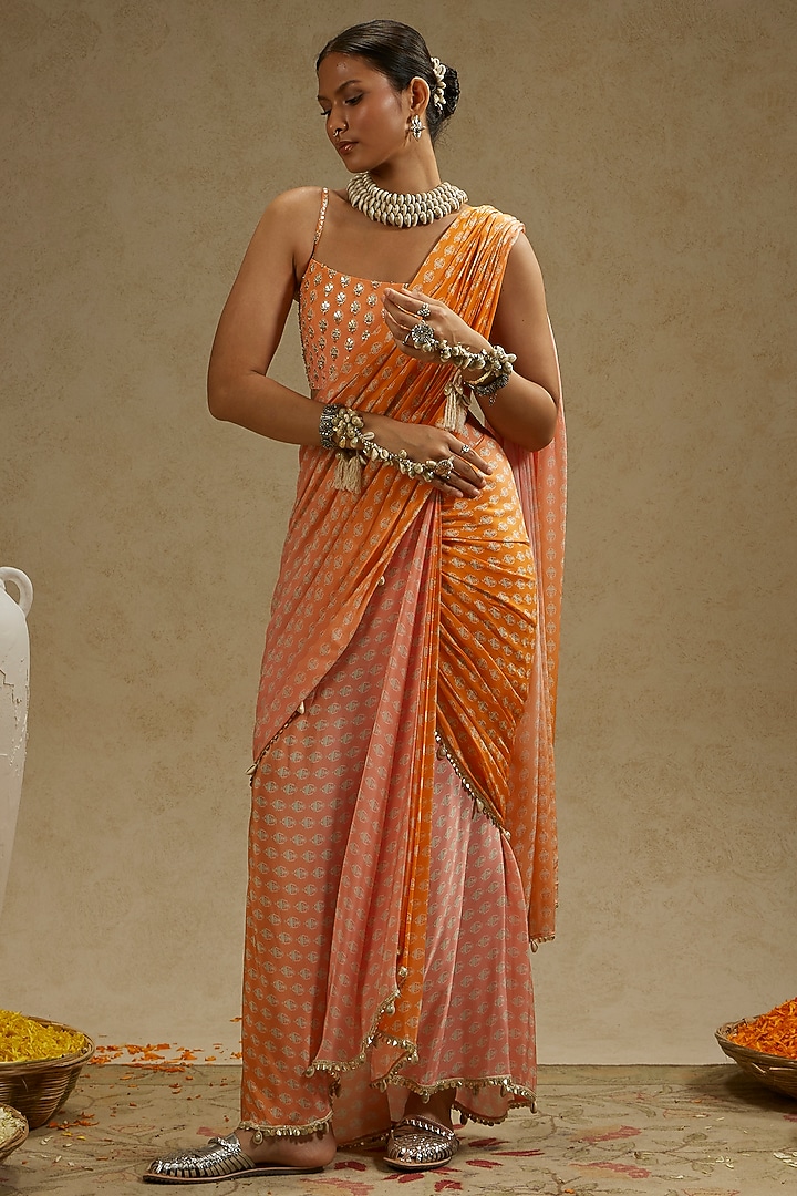 Orange & Pink Crepe Printed Cascade Ombre Wedding Saree Set by SVA BY SONAM & PARAS MODI at Pernia's Pop Up Shop