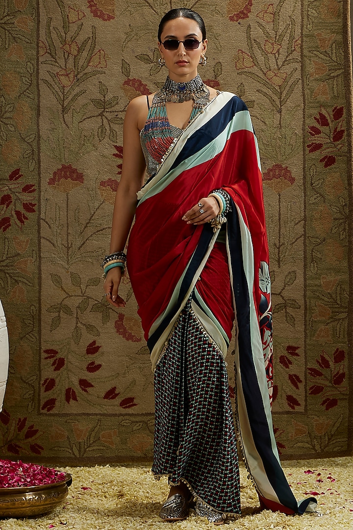 Red Crepe Printed Cascade Saree Set by SVA BY SONAM & PARAS MODI at Pernia's Pop Up Shop