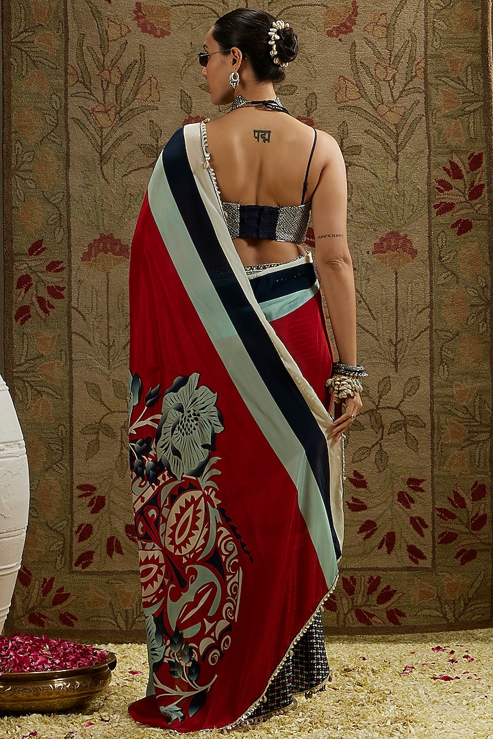 Red Crepe Printed Cascade Wedding Saree Set by SVA BY SONAM & PARAS MODI at Pernia's Pop Up Shop