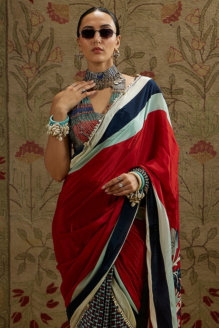 Red Crepe Printed Cascade Wedding Saree Set by SVA BY SONAM & PARAS MODI at Pernia's Pop Up Shop