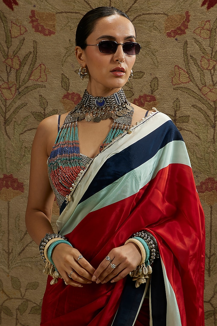 Red Crepe Printed Cascade Wedding Saree Set by SVA BY SONAM & PARAS MODI at Pernia's Pop Up Shop