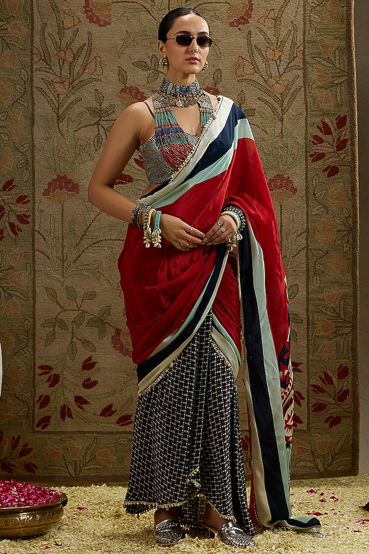 Red Crepe Printed Cascade Wedding Saree Set by SVA BY SONAM & PARAS MODI at Pernia's Pop Up Shop