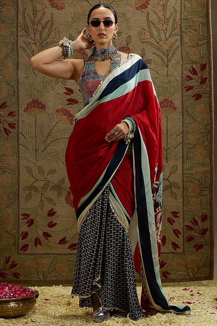 Red Crepe Printed Cascade Wedding Saree Set by SVA BY SONAM & PARAS MODI at Pernia's Pop Up Shop