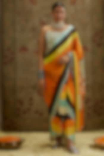 Multi-Colored Crepe Printed Cascade Saree Set by SVA BY SONAM & PARAS MODI at Pernia's Pop Up Shop