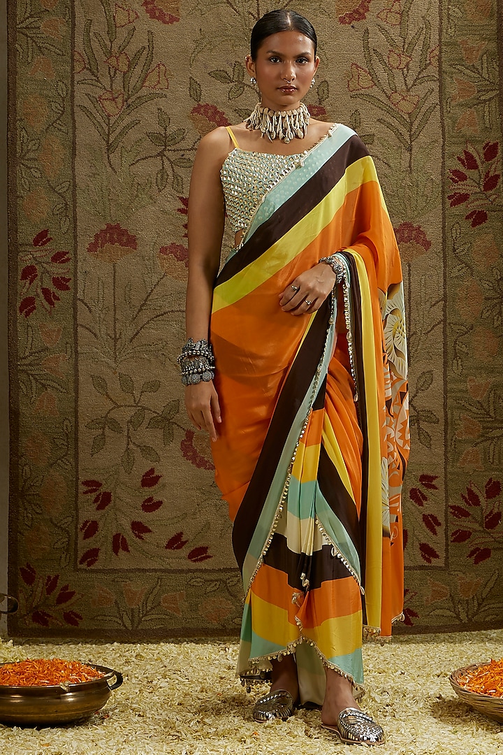 Multi-Colored Crepe Printed Cascade Saree Set by SVA BY SONAM & PARAS MODI at Pernia's Pop Up Shop