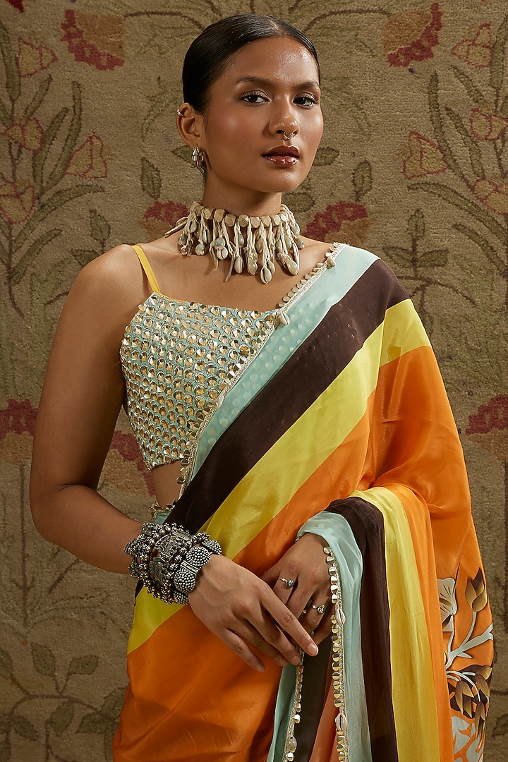 Multi-Colored Crepe Printed Cascade Wedding Saree Set by SVA BY SONAM & PARAS MODI at Pernia's Pop Up Shop