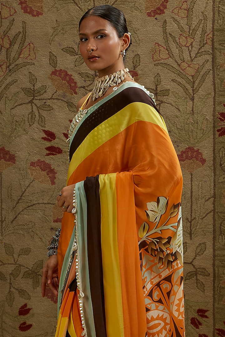 Multi-Colored Crepe Printed Cascade Wedding Saree Set by SVA BY SONAM & PARAS MODI at Pernia's Pop Up Shop