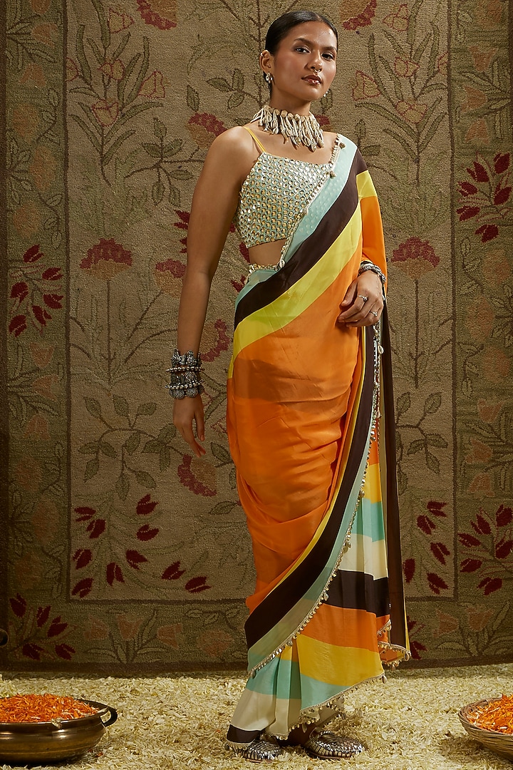 Multi-Colored Crepe Printed Cascade Wedding Saree Set by SVA BY SONAM & PARAS MODI at Pernia's Pop Up Shop