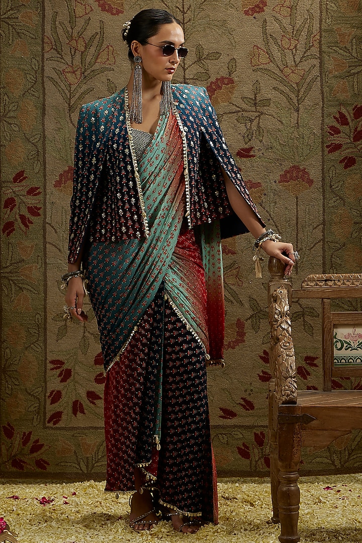 Blue Crepe Embellished Ombre Jacket Saree Set by SVA BY SONAM & PARAS MODI at Pernia's Pop Up Shop