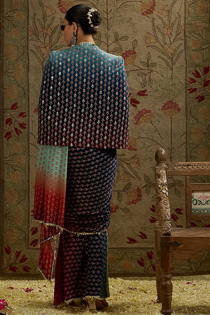 Blue Crepe Embellished Ombre Jacket Reception Saree Set by SVA BY SONAM & PARAS MODI at Pernia's Pop Up Shop