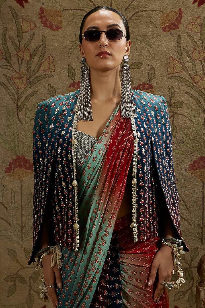 Blue Crepe Embellished Ombre Jacket Reception Saree Set by SVA BY SONAM & PARAS MODI at Pernia's Pop Up Shop