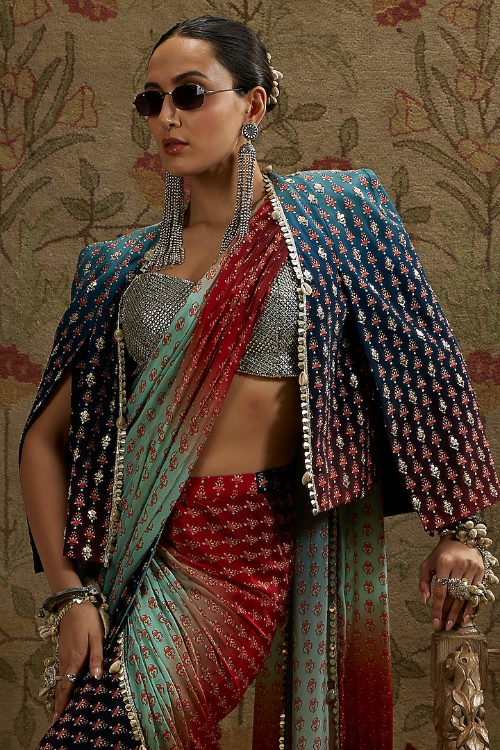 Blue Crepe Embellished Ombre Jacket Reception Saree Set by SVA BY SONAM & PARAS MODI at Pernia's Pop Up Shop