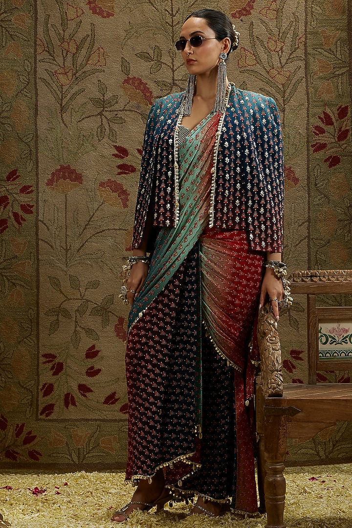 Blue Crepe Embellished Ombre Jacket Reception Saree Set by SVA BY SONAM & PARAS MODI at Pernia's Pop Up Shop