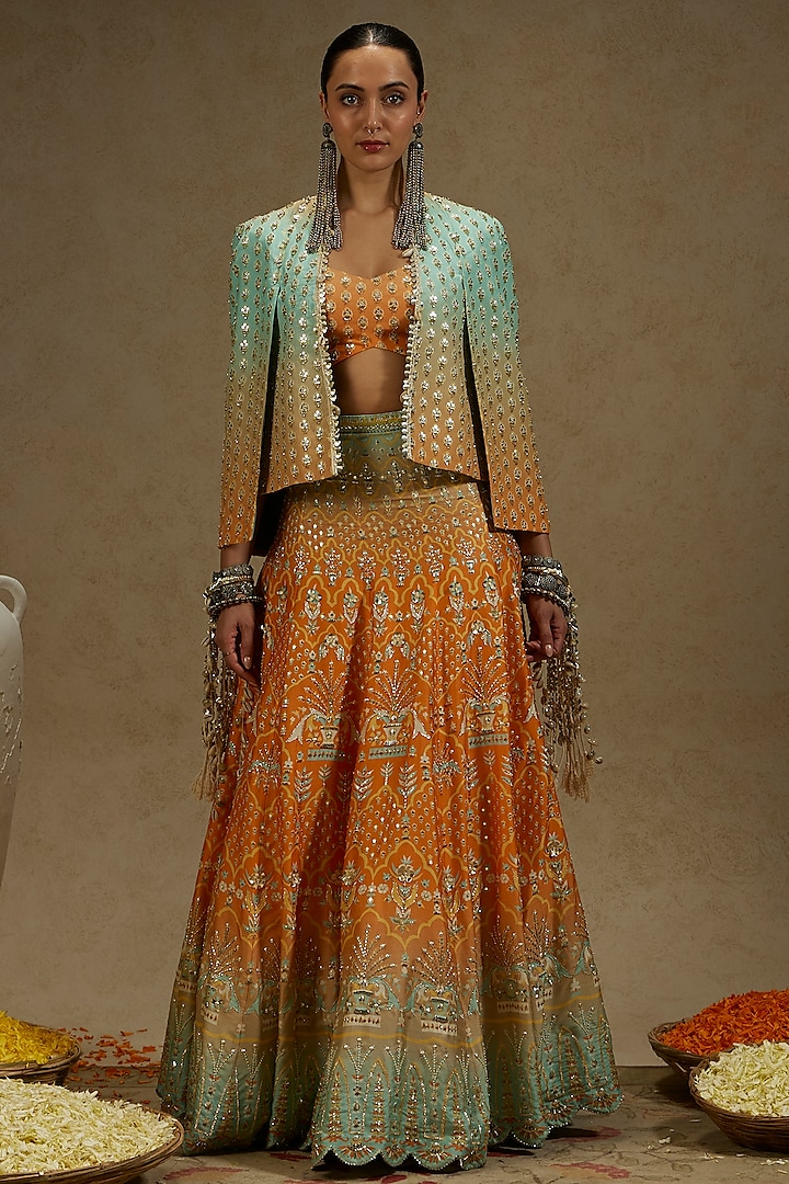 Orange & Blue Crepe Embellished Jacket Bridal Lehenga Set by SVA BY SONAM & PARAS MODI at Pernia's Pop Up Shop