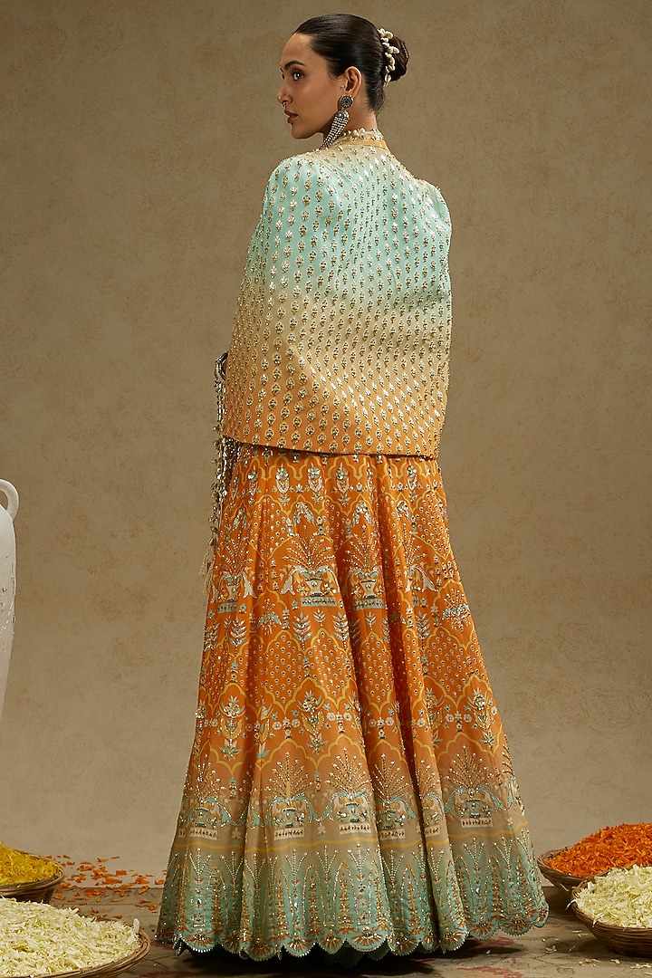Orange & Blue Crepe Embellished Jacket Bridal Lehenga Set by SVA BY SONAM & PARAS MODI at Pernia's Pop Up Shop