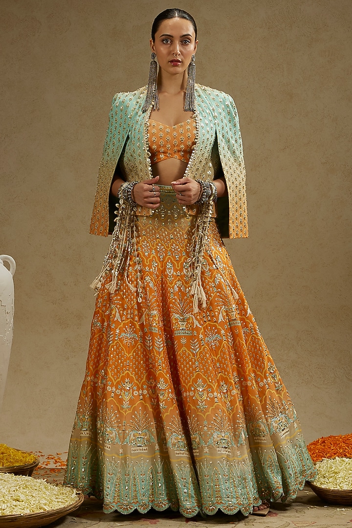 Orange & Blue Crepe Embellished Jacket Bridal Lehenga Set by SVA BY SONAM & PARAS MODI at Pernia's Pop Up Shop