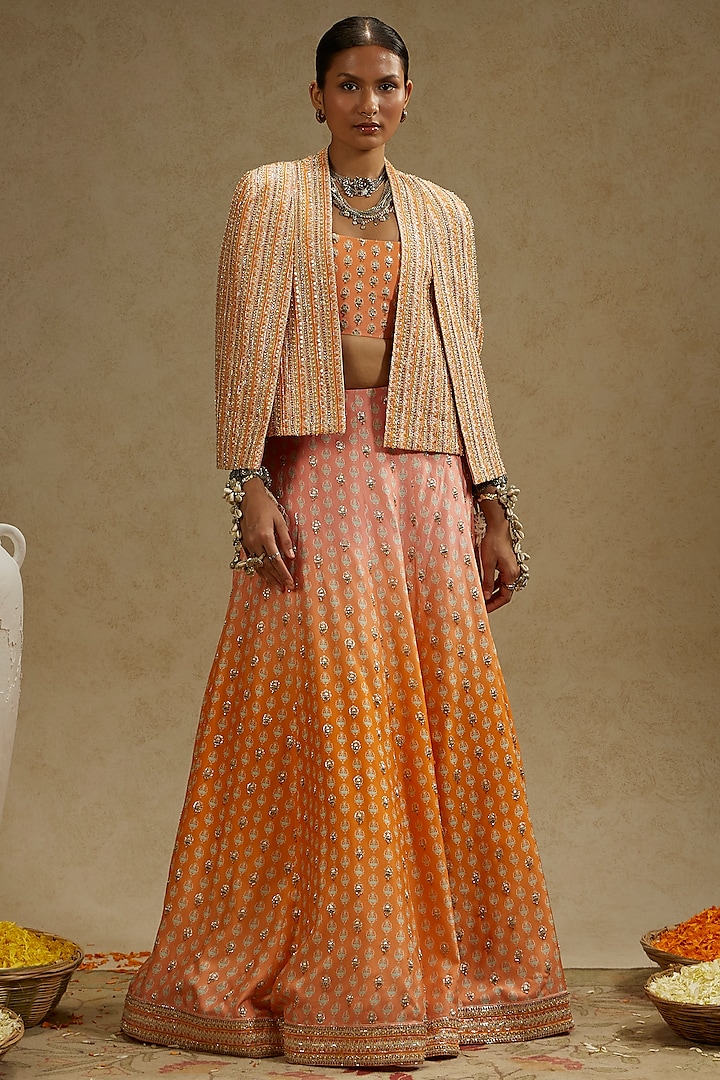 Pink & Orange Ombre Crepe Embellished Jacket Bridal Lehenga Set by SVA BY SONAM & PARAS MODI at Pernia's Pop Up Shop