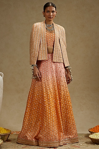 Pink & Orange Ombre Crepe Embellished Jacket Lehenga Set by SVA BY SONAM & PARAS MODI