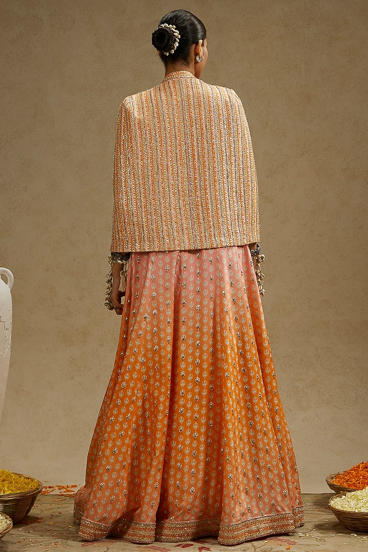Pink & Orange Ombre Crepe Embellished Jacket Bridal Lehenga Set by SVA BY SONAM & PARAS MODI at Pernia's Pop Up Shop