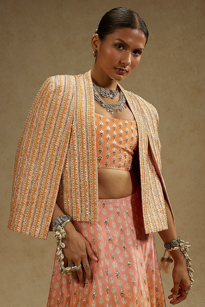 Pink & Orange Ombre Crepe Embellished Jacket Bridal Lehenga Set by SVA BY SONAM & PARAS MODI at Pernia's Pop Up Shop