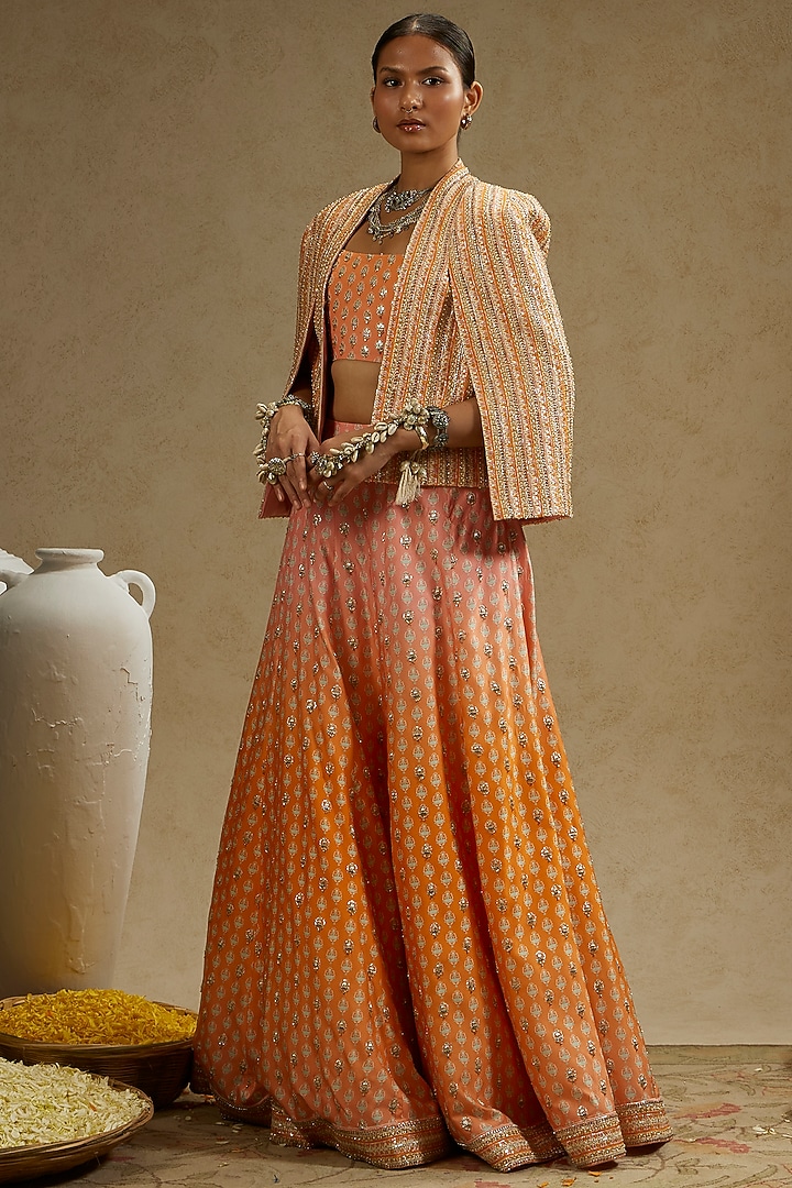 Pink & Orange Ombre Crepe Embellished Jacket Bridal Lehenga Set by SVA BY SONAM & PARAS MODI at Pernia's Pop Up Shop