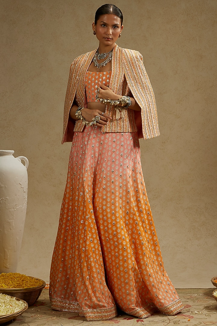 Pink & Orange Ombre Crepe Embellished Jacket Bridal Lehenga Set by SVA BY SONAM & PARAS MODI at Pernia's Pop Up Shop