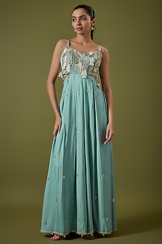Teal Blue Habutai Silk Abstract Embroidered Jumpsuit by Sva By Sonam & Paras Modi