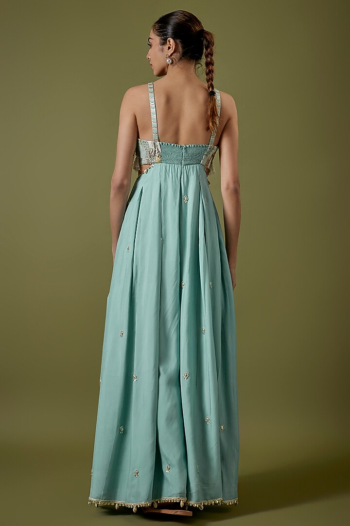 Teal Blue Habutai Silk Abstract Embroidered Jumpsuit by Sva By Sonam & Paras Modi at Pernia's Pop Up Shop