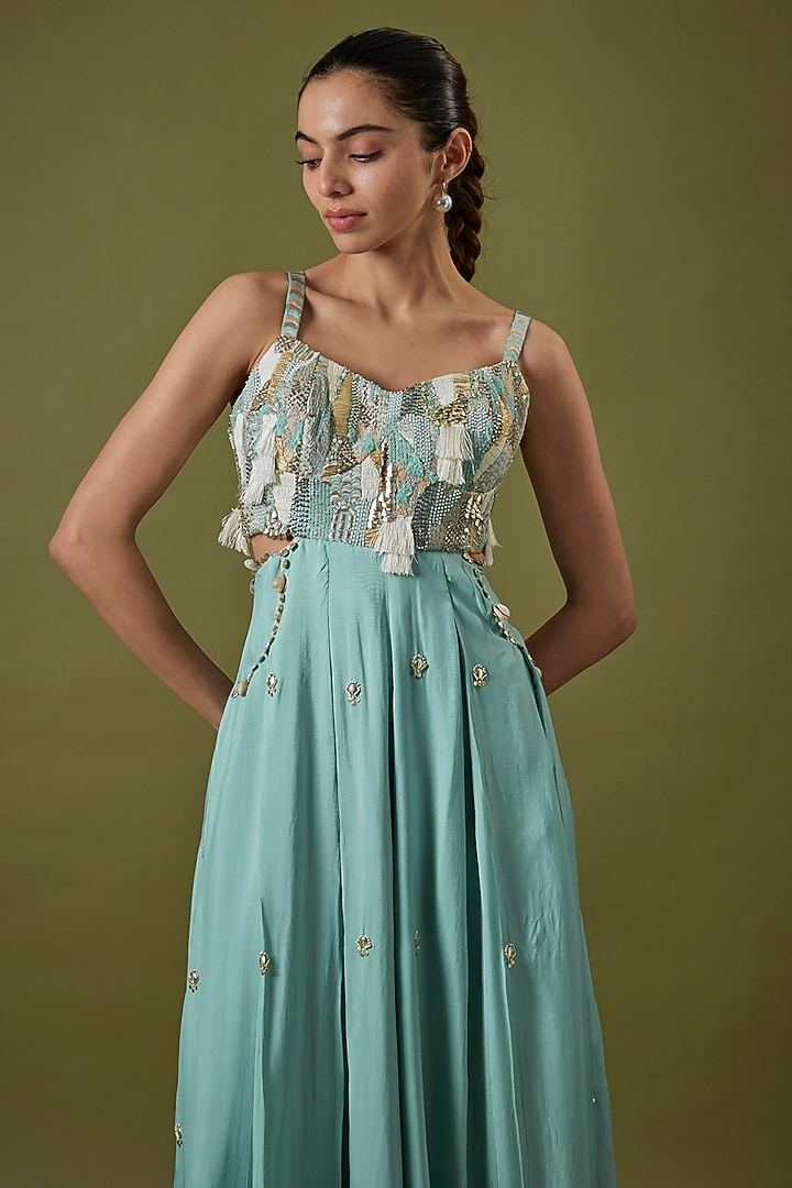 Teal Blue Habutai Silk Abstract Embroidered Jumpsuit by Sva By Sonam & Paras Modi at Pernia's Pop Up Shop