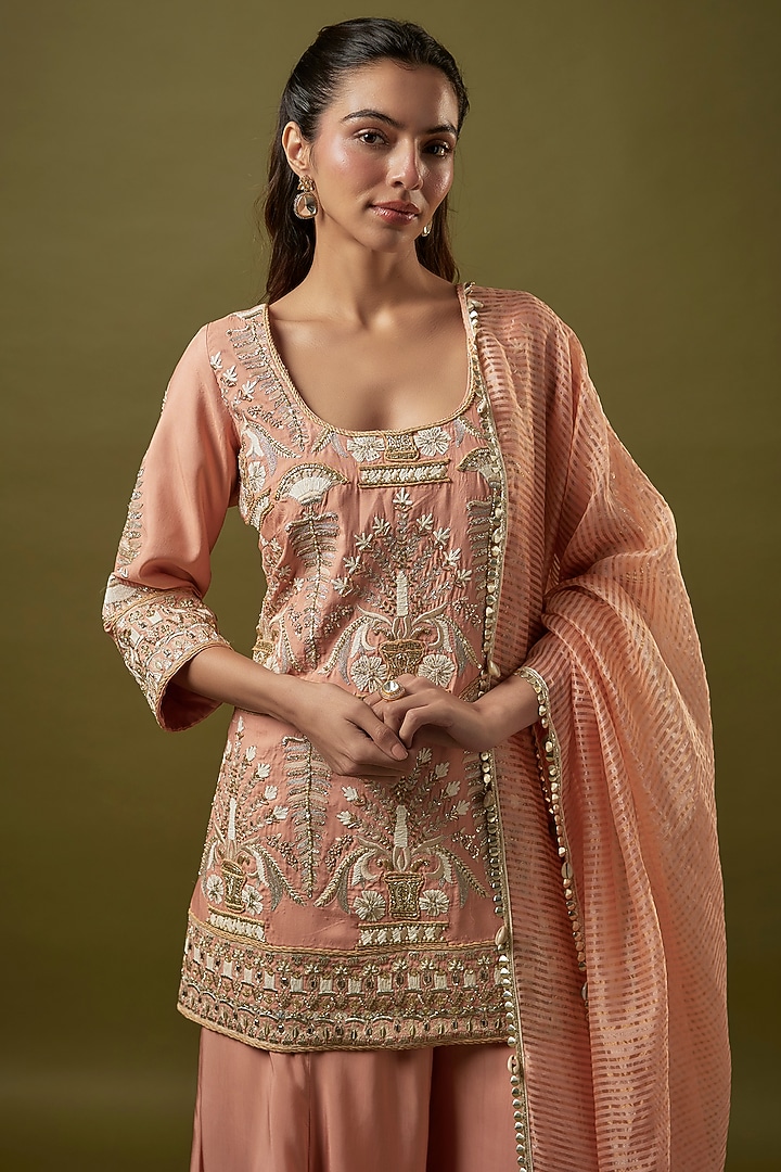 Old Rose Silk Bridal Sharara Set by SVA BY SONAM & PARAS MODI at Pernia's Pop Up Shop