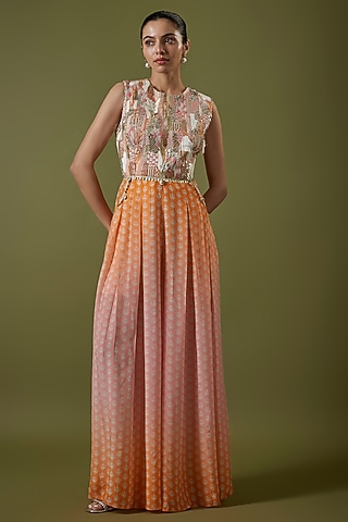 Orange & Pink Crepe Abstract Embroidered Jumpsuit by Sva By Sonam & Paras Modi