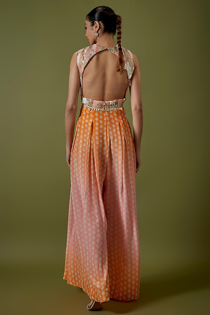 Orange & Pink Crepe Abstract Embroidered Jumpsuit by Sva By Sonam & Paras Modi at Pernia's Pop Up Shop