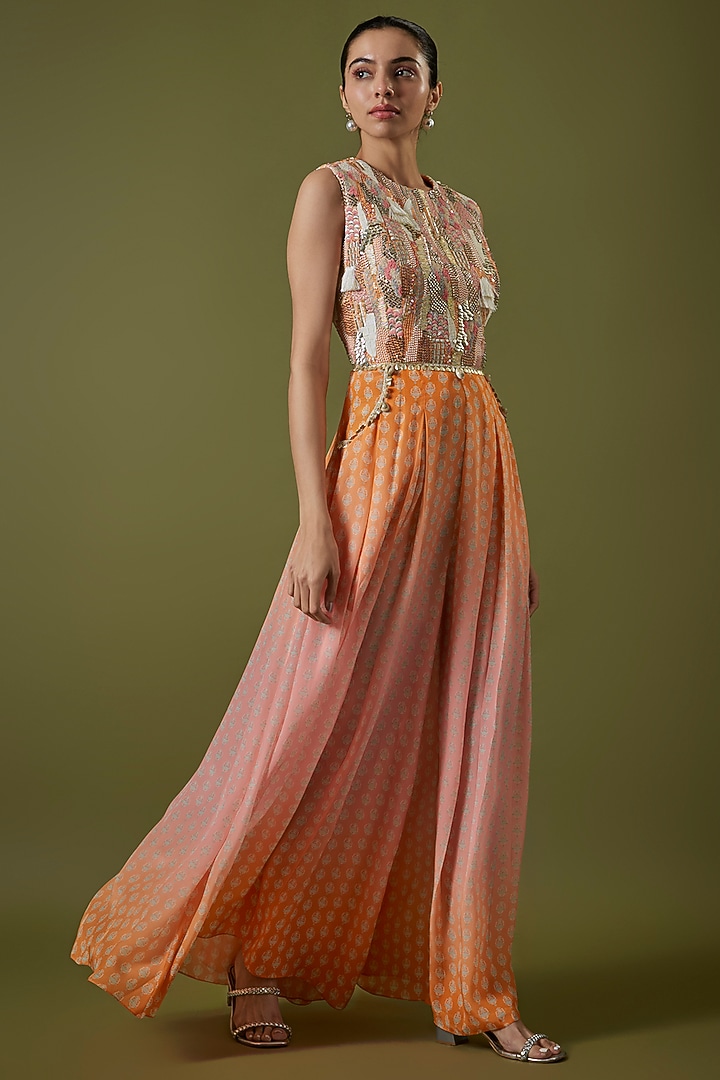 Orange & Pink Crepe Abstract Embroidered Jumpsuit by Sva By Sonam & Paras Modi at Pernia's Pop Up Shop