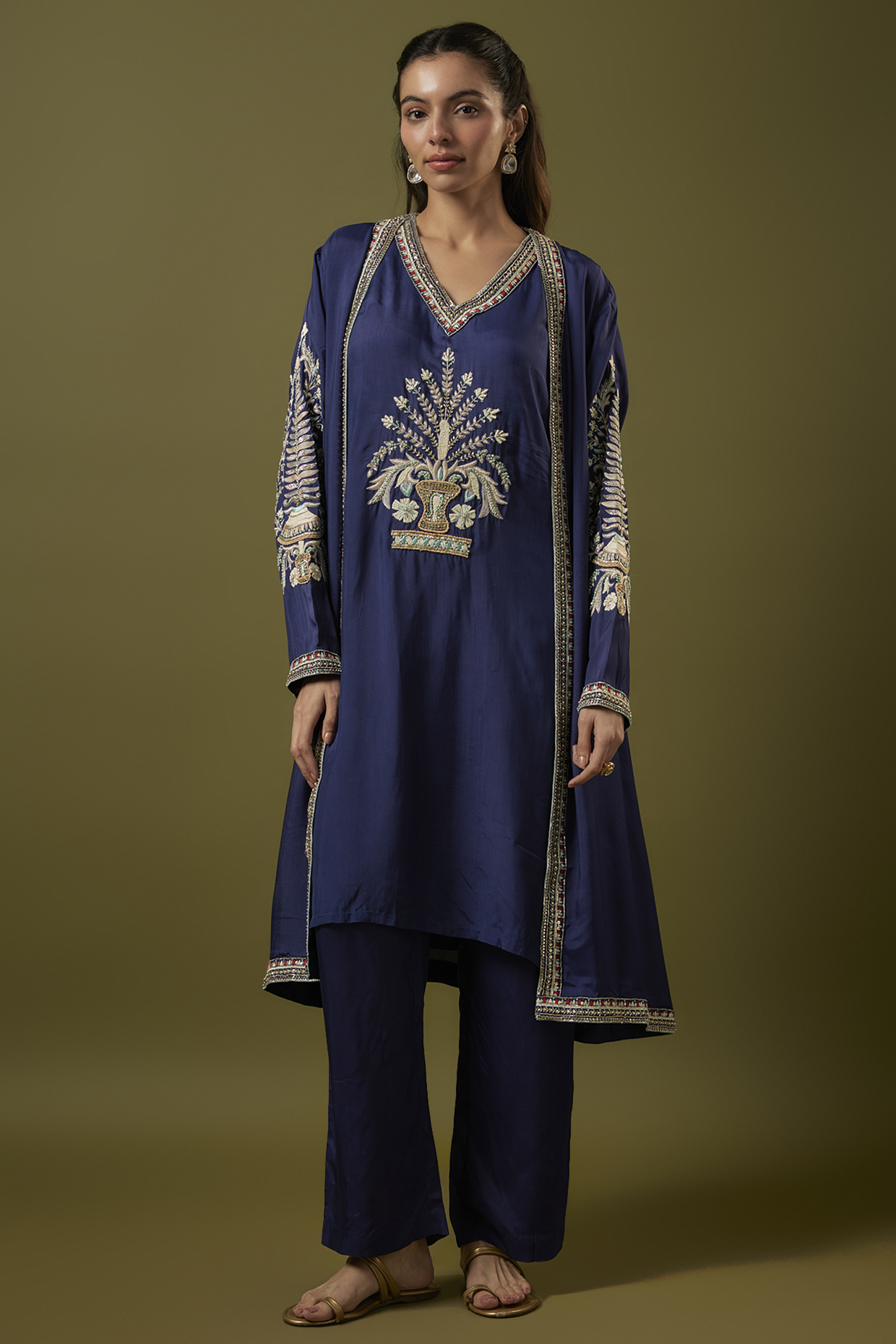 Blue Silk Embroidered Jacket Kurta Set by SVA BY SONAM & PARAS MODI at Pernia's Pop Up Shop