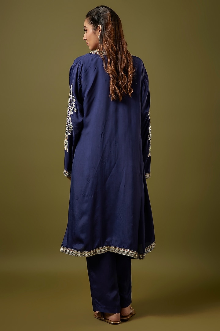 Blue Silk Embroidered Jacket Kurta Set by SVA BY SONAM & PARAS MODI at Pernia's Pop Up Shop