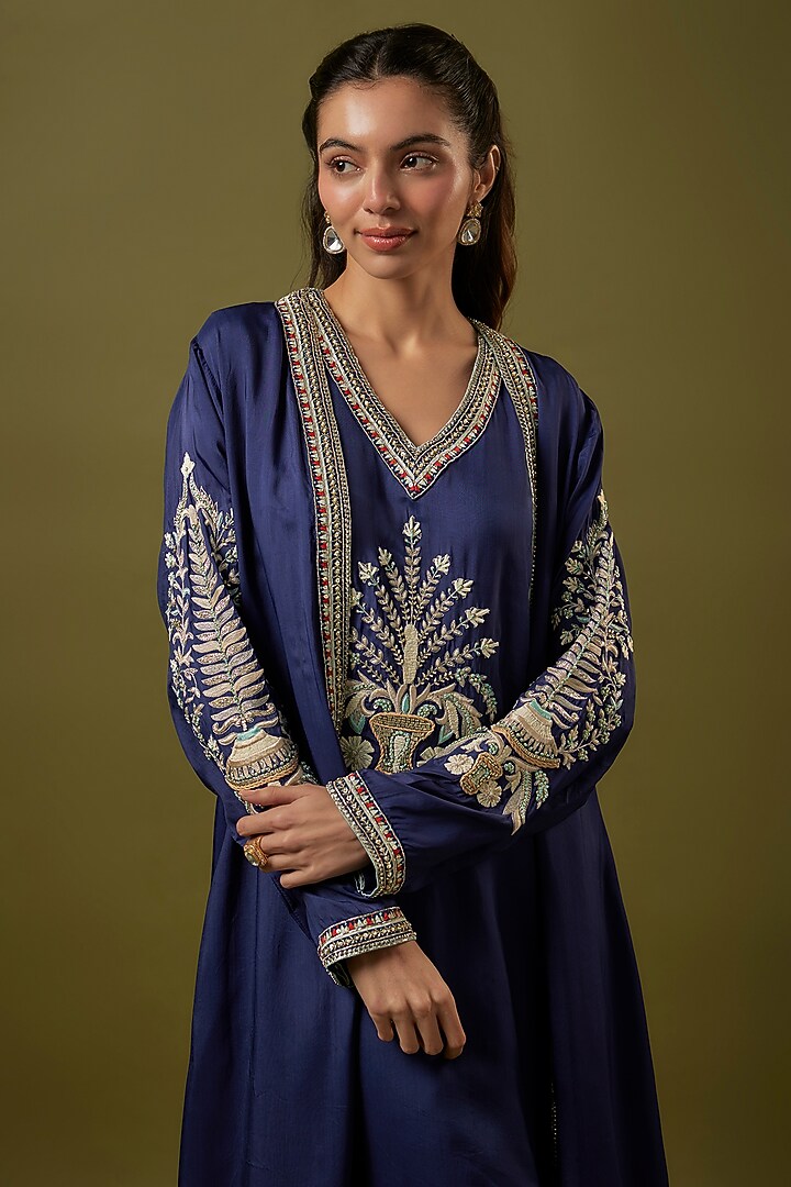 Blue Silk Embroidered Jacket Kurta Set by SVA BY SONAM & PARAS MODI at Pernia's Pop Up Shop