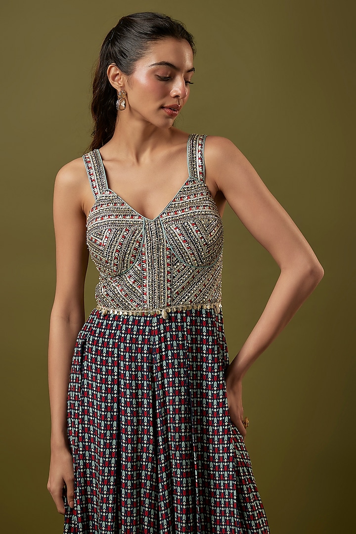 Blue Silk Sequins Embellished Jumpsuit by SVA BY SONAM & PARAS MODI at Pernia's Pop Up Shop