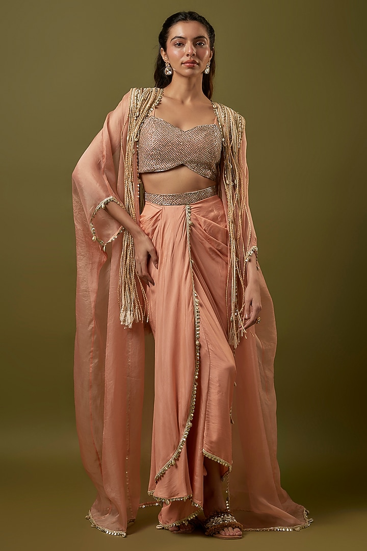 Pink Organza Embellished Cape Set by SVA BY SONAM & PARAS MODI at Pernia's Pop Up Shop