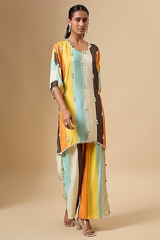 Multi-Colored Crepe Striped Printed & Embellished Kurta Set by SVA BY SONAM & PARAS MODI