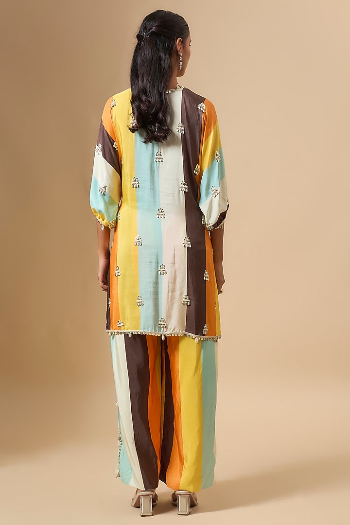 Multi-Colored Crepe Striped Printed & Embellished Kurta Set by SVA BY SONAM & PARAS MODI at Pernia's Pop Up Shop