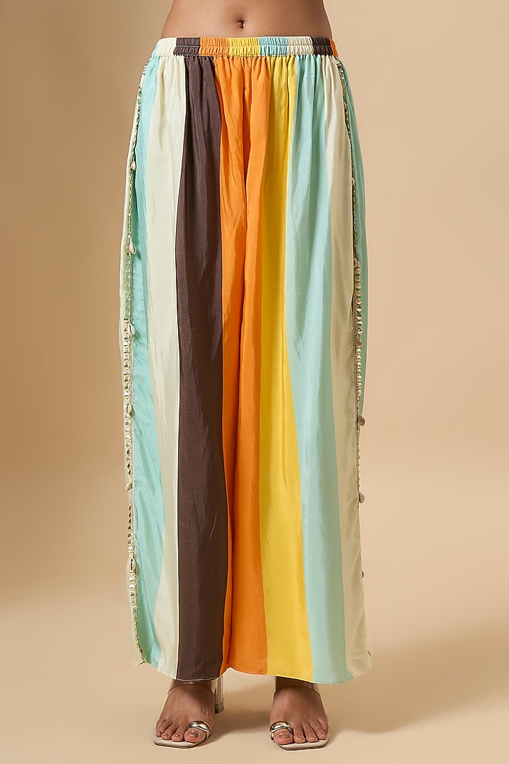 Multi-Colored Crepe Striped Printed & Embellished Kurta Set by SVA BY SONAM & PARAS MODI at Pernia's Pop Up Shop