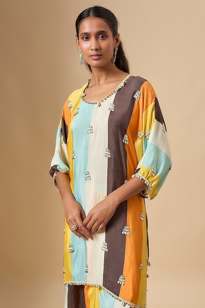 Multi-Colored Crepe Striped Printed & Embellished Kurta Set by SVA BY SONAM & PARAS MODI at Pernia's Pop Up Shop