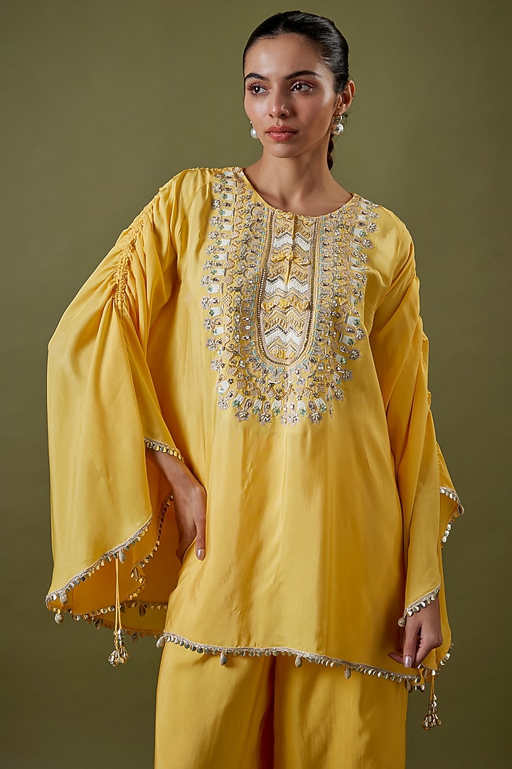 Dandelion Yellow Habutai Silk Embroidered Tunic Set by Sva By Sonam & Paras Modi at Pernia's Pop Up Shop