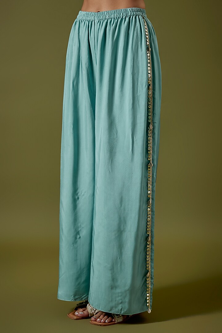 Teal Blue Habutai Silk Embellished Kurta Set by Sva By Sonam & Paras Modi at Pernia's Pop Up Shop