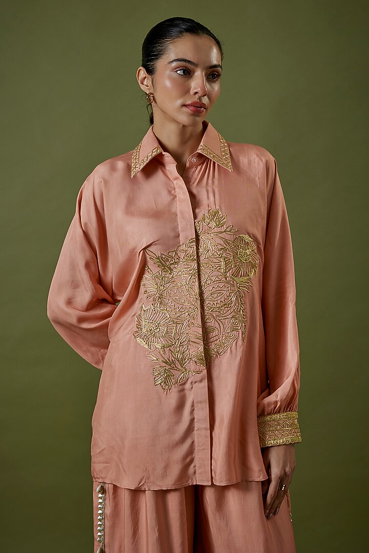 Pink Habutai Silk Embroidered Co-Ord Set by Sva By Sonam & Paras Modi at Pernia's Pop Up Shop