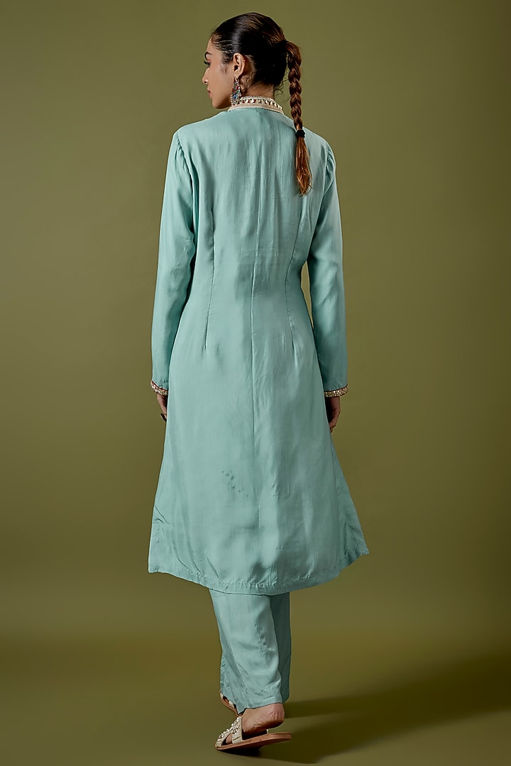 Teal Blue Habutai Silk Embellished Kurta Set by Sva By Sonam & Paras Modi at Pernia's Pop Up Shop