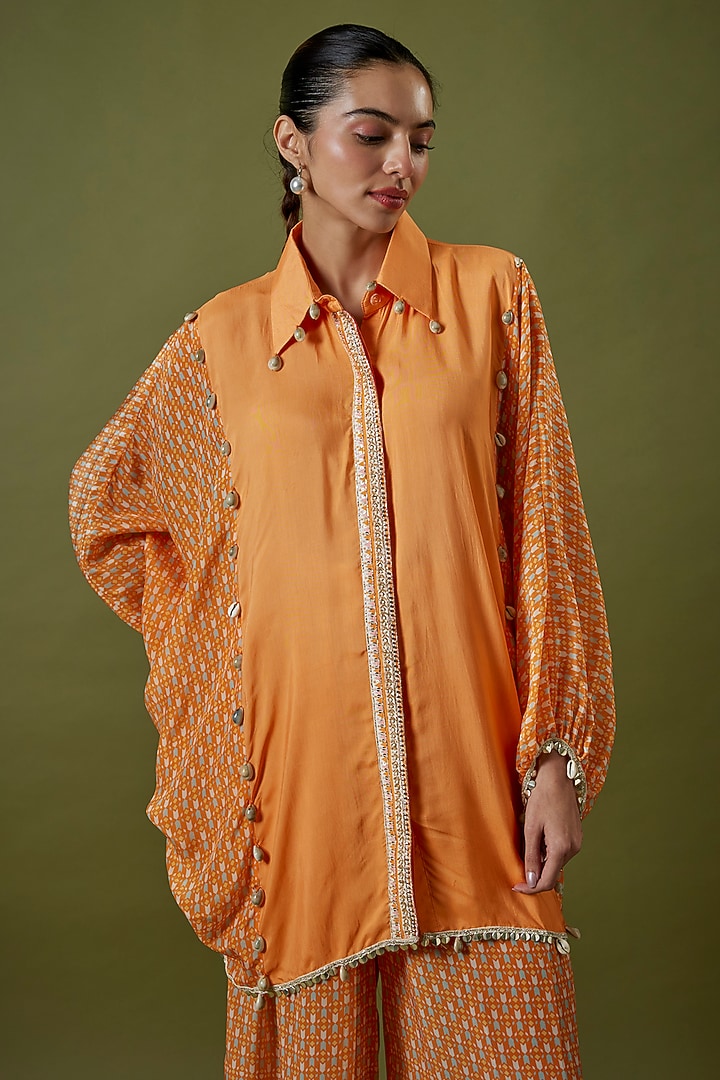 Orange Habutai Silk & Crepe Printed Co-Ord Set by Sva By Sonam & Paras Modi at Pernia's Pop Up Shop