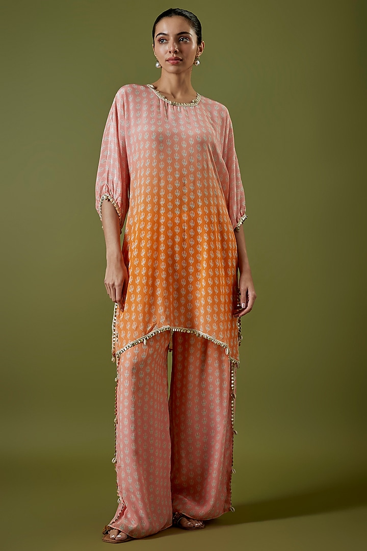 Orange-Pink Crepe Printed Ombre Co-Ord Set by Sva By Sonam & Paras Modi at Pernia's Pop Up Shop